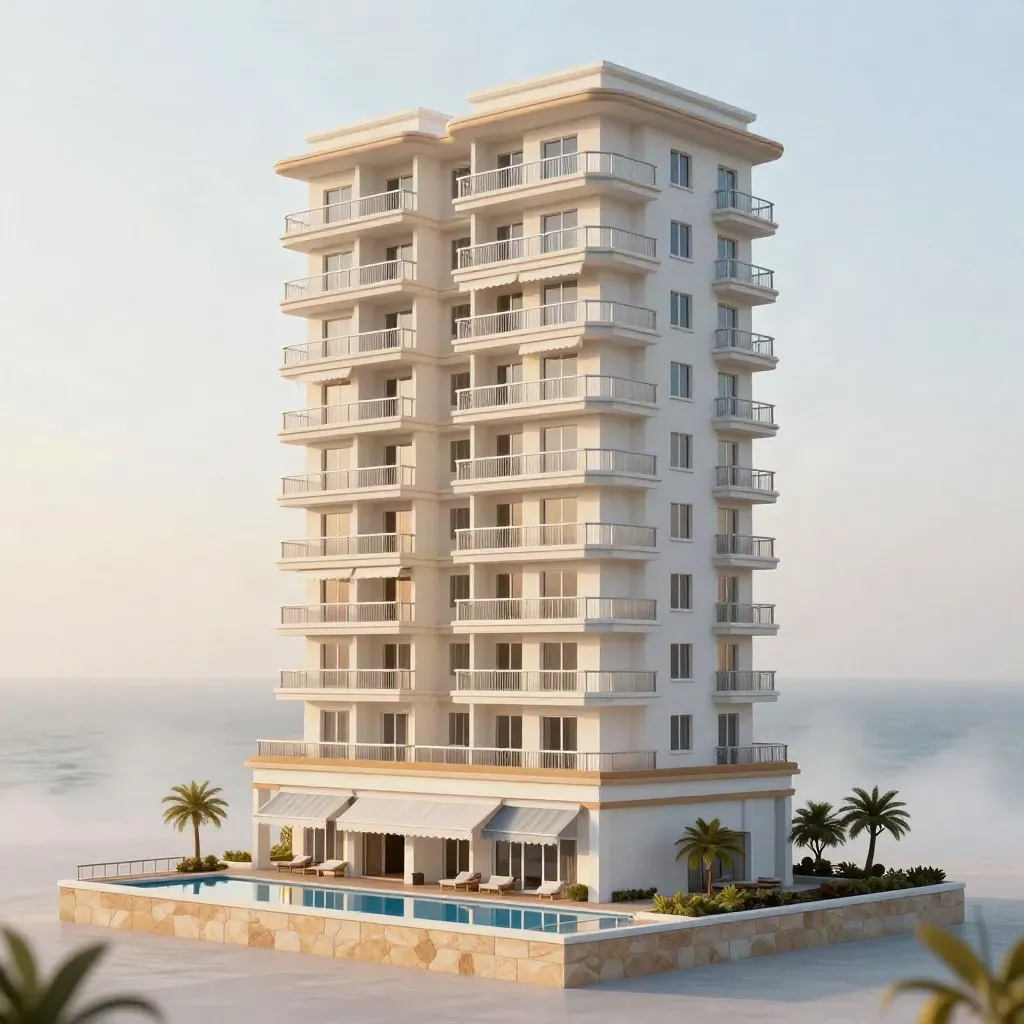 Model menara apartmen servis Penang dengan kolam podium dan balkoni laut.